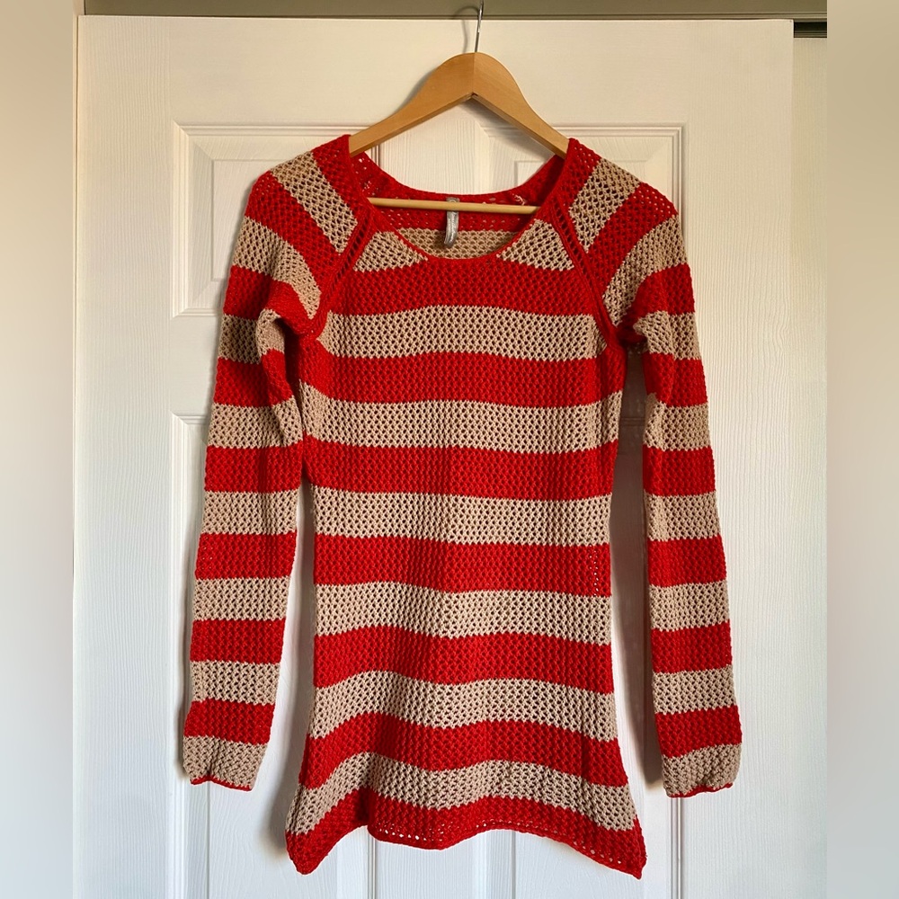 Hanna Andersson Bright Salmon and Tan Striped Women's Sweater